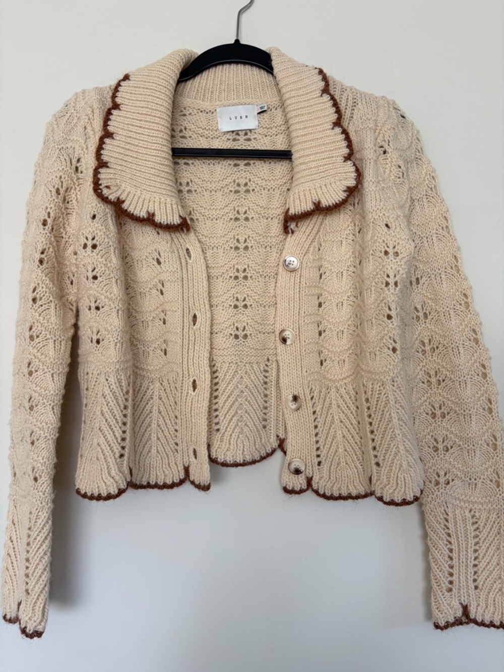 Lush Cream Knit Cardigan with Brown Contrast Trim